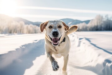 Lifestyle portrait photography of a happy labrador retriever running against snowy winter landscapes background. With generative AI technology