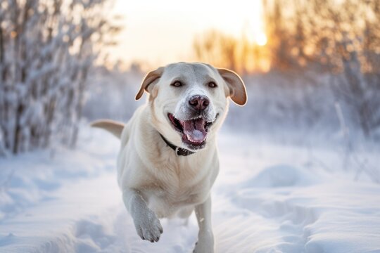 Medium shot portrait photography of a happy labrador retriever chasing his tail against snowy winter landscapes background. With generative AI technology