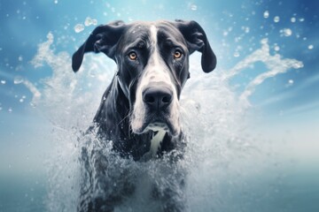 Medium shot portrait photography of an aggressive great dane swimming against snowy winter landscapes background. With generative AI technology