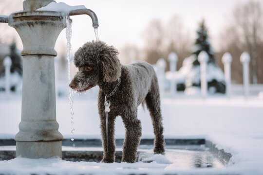 Full-length portrait photography of a scared poodle drinking from a water fountain against snowy winter landscapes background. With generative AI technology