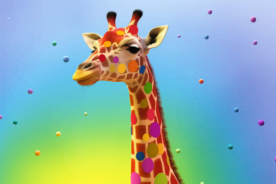 Giraffe head in rainbow colors isolated on a multicolored gradient background. Funny Cute Сartoon character. Copy space. 3D digital vector illustration for your design