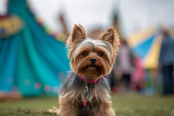 Full-length portrait photography of an aggressive yorkshire terrier scratching ears against festivals and carnivals background. With generative AI technology