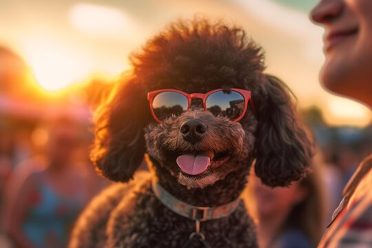 Medium shot portrait photography of a happy poodle watching a sunset with the owner against festivals and carnivals background. With generative AI technology