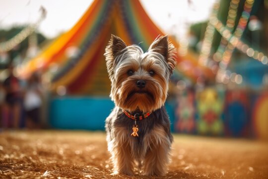 Full-length portrait photography of an aggressive yorkshire terrier scratching ears against festivals and carnivals background. With generative AI technology