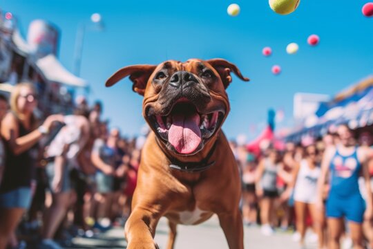 Medium shot portrait photography of a happy boxer catching a ball in mid-air against festivals and carnivals background. With generative AI technology