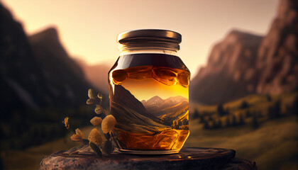 Freshly gathered honey in a glass jar in the morning Ai generated image