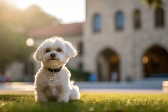 Medium shot portrait photography of a curious maltese sitting against college and university campuses background. With generative AI technology