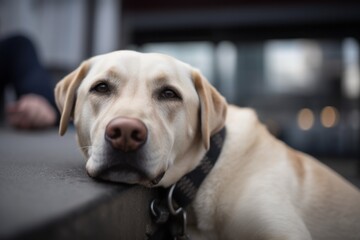 Headshot portrait photography of a happy labrador retriever cuddling with a cat against train stations background. With generative AI technology