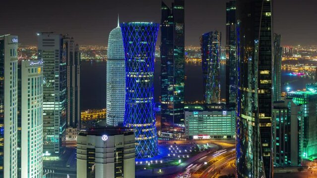 DOHA, QATAR - JUNE 30th 2017: skyline timelapse video night lights skycreapers downtown, Middle East