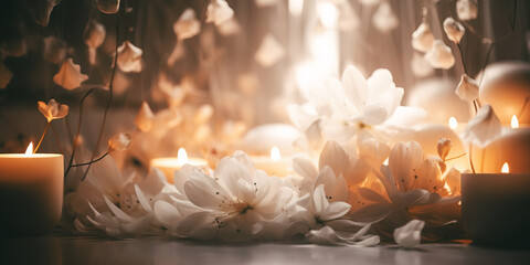 white flowers and candles on wooden table. Generative AI