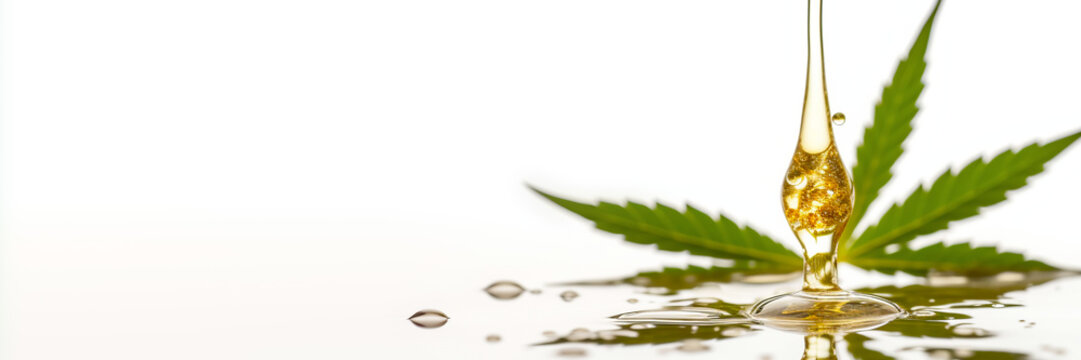 Cannabis extract oil drop and hemp leaf on white banner. Generative AI illustration