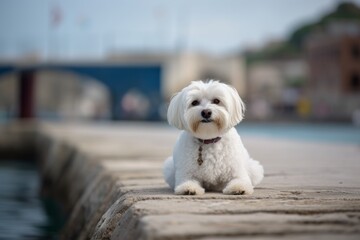 Full-length portrait photography of a curious maltese sitting against fishing piers background. With generative AI technology