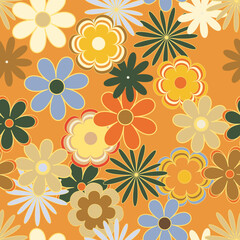 Vector seamless pattern in retro groovy style. Cute floral print in bright colors perfect for scrapbooking, textile, wrapping paper and stationery for kids and adults