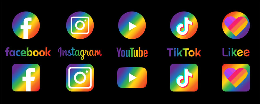 Social media icons in LGBT style: YouTube, Instagram, Facebook, TikTok, Likee - follow and subscribe. Vector illustration
