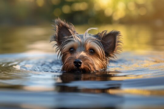 Medium shot portrait photography of a curious yorkshire terrier swimming against wildlife refuges background. With generative AI technology