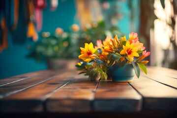 Naklejka na ściany i meble Empty wooden tabletop with colorful flowers background for advertising and presentation. Selective focus on tabletop. Generative AI illustration