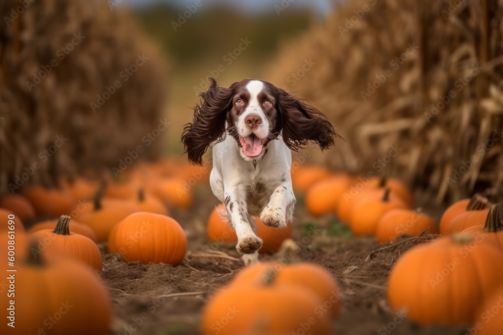 Wall mural full-length portrait photography of a happy english springer spaniel running against pumpkin patches