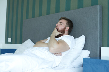 Young happy bearded handsome sleepy man lay in bed in bedroom at home in early morning, smile and looking at camera