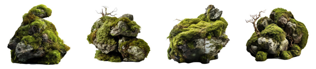 Rocks covered with moss on isolated background. Generative AI