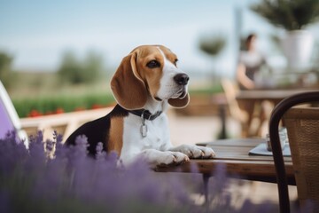 Lifestyle portrait photography of a curious beagle relaxing at a cafe against lavender fields background. With generative AI technology
