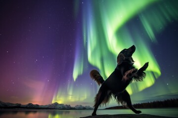 Lifestyle portrait photography of a happy cocker spaniel catching a ball in mid-air against aurora borealis viewing spots background. With generative AI technology