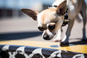 Lifestyle portrait photography of a curious chihuahua drinking from a water fountain against race tracks background. With generative AI technology