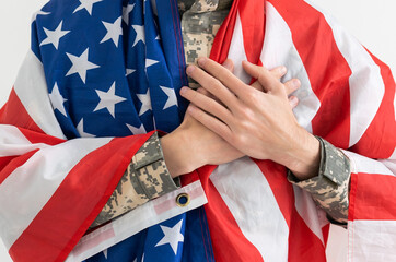 Soldier military man holding usa flag.