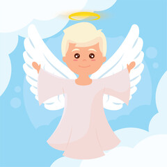 Isolated cute angel cartoon character on clouds Vector