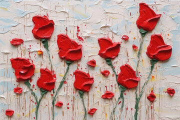 Abstrakte Rosen auf weißem Hintergrund - Minimalistisches Ölgemälde mit dicker Farbe und Struktur