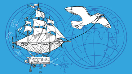 The seagull drags a rope which connected to the unreal vehicle compound of sailboat, submarine and trolley bus