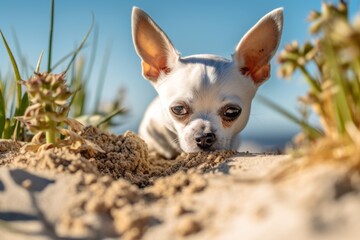 Lifestyle portrait photography of an aggressive chihuahua digging in a garden against sand dunes background. With generative AI technology