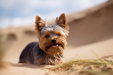 Environmental portrait photography of an aggressive yorkshire terrier eating against sand dunes background. With generative AI technology