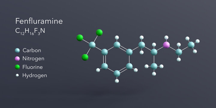 fenfluramine molecule 3d rendering, flat molecular structure with chemical formula and atoms color coding