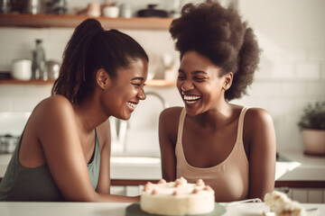 Cheerful ethnic mother and daughter having fun at home