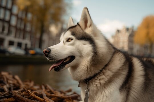 Full-length portrait photography of an aggressive siberian husky biting a bone against canals and waterways background. With generative AI technology