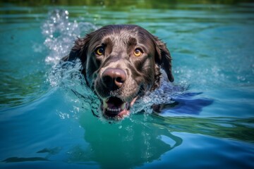 Medium shot portrait photography of an aggressive labrador retriever swimming against outdoor mazes background. With generative AI technology