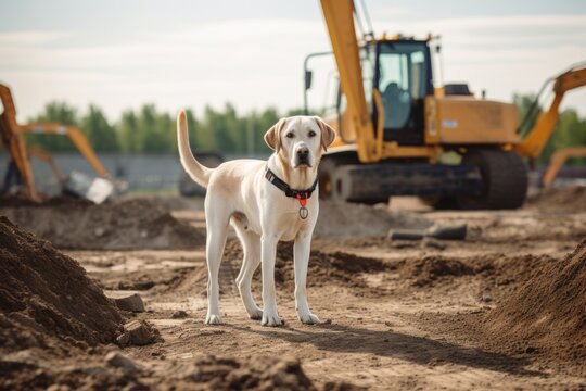 Full-length portrait photography of a happy labrador retriever being at a construction site against outdoor mazes background. With generative AI technology