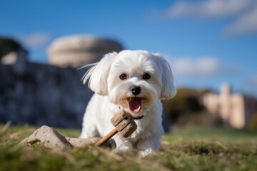 Group portrait photography of an aggressive maltese holding a bone in its mouth against historic battlefields background. With generative AI technology