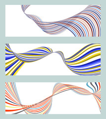 Wavy lines or ribbons. Set of 3 backgrounds. Multicolored striped gradient. Creative unusual background with abstract gradient wave lines to create a trendy banner, poster. vector eps