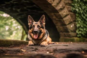Medium shot portrait photography of a happy german shepherd lying down against natural arches and bridges background. With generative AI technology