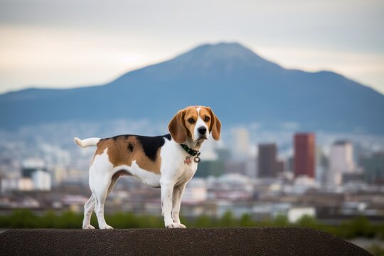 Full-length portrait photography of a happy beagle being in front of a city skyline against volcanoes and lava fields background. With generative AI technology