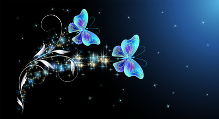 Fairytale night sky with magical blue butterflies and floral ornament and stars. Fantasy sparkle background.