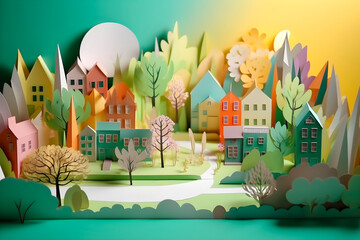 Front view of Town in forest, 3D paper cut style, ecology concept