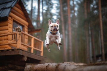 Full-length portrait photography of a happy french bulldog jumping against treehouses background. With generative AI technology