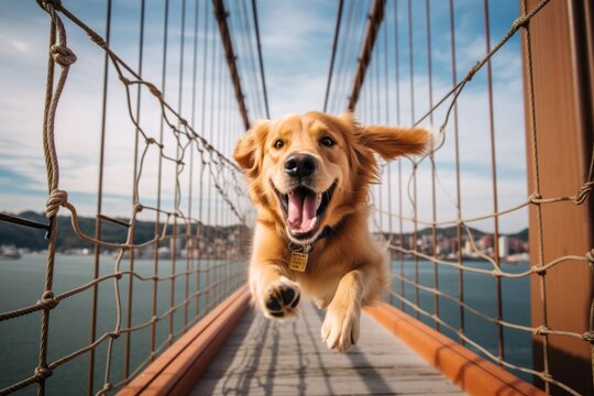Medium shot portrait photography of a scared golden retriever running against suspension bridges background. With generative AI technology