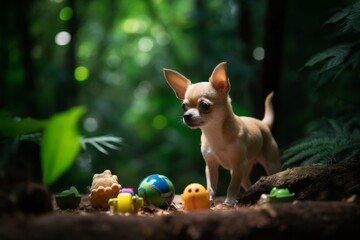 Full-length portrait photography of a curious chihuahua playing with toys against tropical rainforests background. With generative AI technology