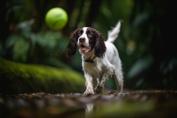 Environmental portrait photography of an aggressive english springer spaniel playing with a tennis ball against tropical rainforests background. With generative AI technology