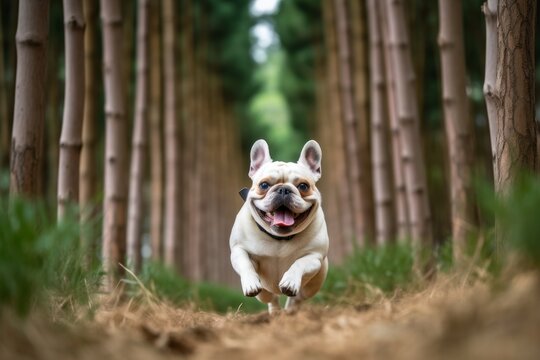 Lifestyle portrait photography of a happy french bulldog running against bamboo forests background. With generative AI technology