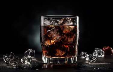 Glasse of cola with ice cubes on a black background. Generative AI