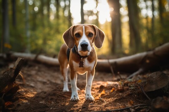 Studio portrait photography of a curious beagle walking against horse stables and riding trails background. With generative AI technology